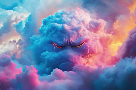 A colorful cloud with a face on it and a lightning bolt. Scene is playful and whimsicalの素材