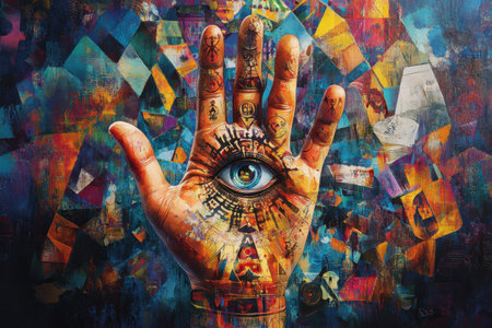 A hand with a large eye is painted on a colorful background. The hand is surrounded by a lot of different shapes and colors, giving the impression of a chaotic and abstract scene. The eye is largeの素材
