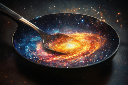 A black bowl with a spoon in it that is in the middle of a galaxy. The bowl is filled with stars and the spoon is surrounded by them. The bowl is a representation of the universeの素材