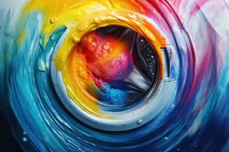 A colorful, swirling image of a washing machine with a colorful ball inside. The colors are bright and vibrant, giving the impression of a fun and playful sceneの素材
