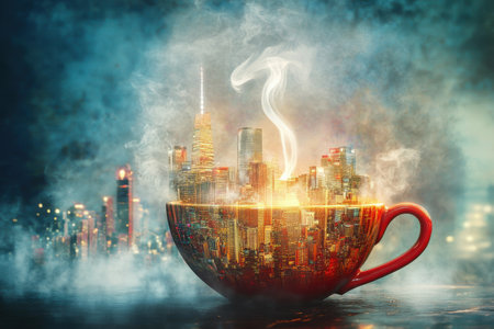 A red coffee cup with a city in it. The city is lit up and surrounded by smokeの素材
