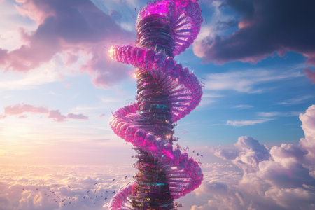 A tall pink building with a spiral shape. The building is surrounded by clouds and the sky is a mix of blue and pink. Scene is whimsical and playfulの素材