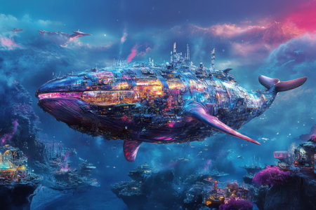 A large whale with a city inside of it is flying through the sky. The city is made up of buildings and other structures, and it is floating in the air. Scene is one of wonder and amazementの素材