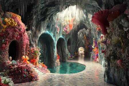 A colorful underwater cave with a pool of water in the middle. The cave is filled with various sea creatures and plants, creating a vibrant and lively atmosphereの素材