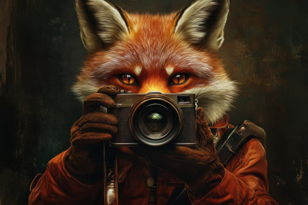A fox is holding a camera and taking a picture. The fox is wearing a red jacket and glovesの素材
