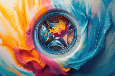 A colorful painting of a washing machine with a blue and orange swirl. The painting is abstract and has a sense of movement and energyの素材