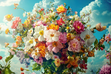 A bouquet of flowers is displayed in a vase, with a blue sky in the background. The flowers are a mix of different colors, including pink, yellow, and white. Scene is cheerful and brightの素材