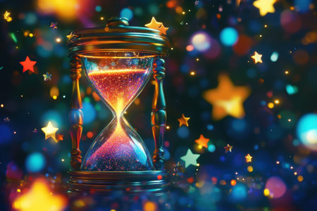 A colorful, starry background surrounds a glowing, glowing, colorful, and glowing clock. The clock is set at the top of the image, and the stars are scattered throughout the backgroundの素材