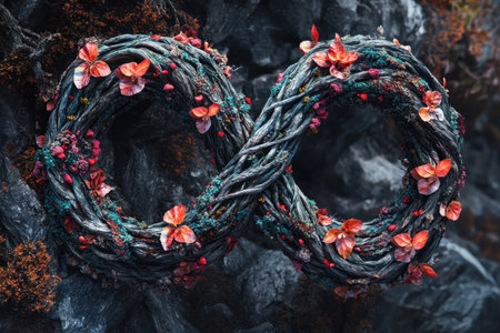 A wreath made of flowers and vines that is shaped like an infinity symbol. The wreath is made of various types of flowers and vines, and it is placed on a rock. Concept of growth and endlessnessの素材