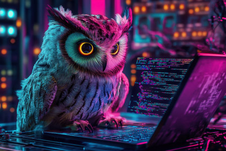 A computer screen with a glowing owl sitting on it. The owl is looking at the camera with a curious expression. The image has a futuristic and technological vibeの素材