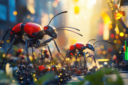 A group of robotic insects are walking around in a city. The insects are red and black and appear to be made of metal. The scene is set in a city with buildings and street lightsの素材