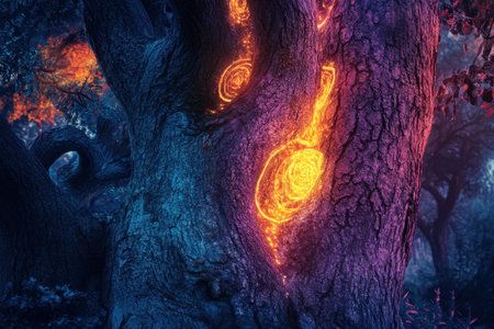A tree with glowing circles on it. The circles are orange and blue. The tree is surrounded by treesの素材