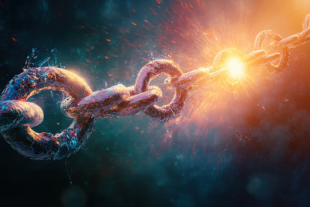 A chain is shown with a bright light shining on it. The chain is broken, and the light is shining on the broken links. Concept of destruction and chaos, as the chain is torn apartの素材