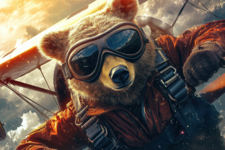 A bear is wearing goggles and a red jacket and is flying a planeの素材
