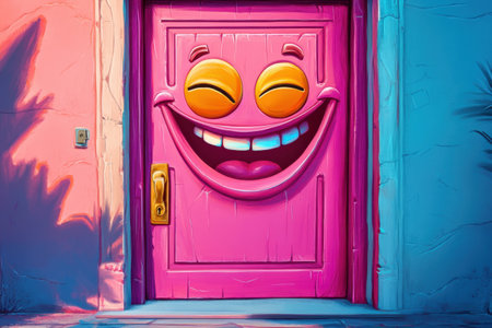 A cartoonish pink door with a smiling face on it. The door is open and the smile is wideの素材