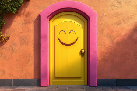 A yellow door with a smiley face on it. The door is smiling and has a happy expressionの素材
