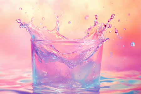 A glass of water with a splash of pink and purple. The splash of water creates a sense of movement and energyの素材