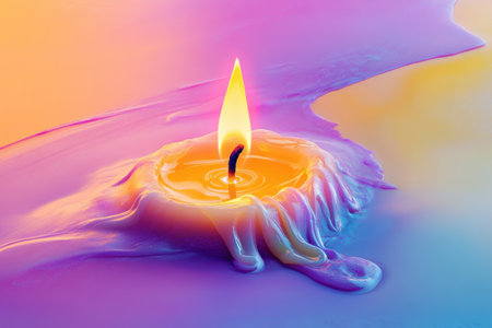 A candle is lit on a table with a pool of melted wax around it. The image has a dreamy, surreal quality to it, as if the candle is floating on the water. The colors of the candleの素材