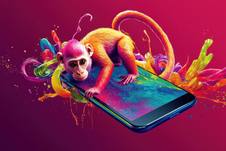 A monkey is laying on a cell phone. The monkey is surrounded by a colorful explosion of paintの素材