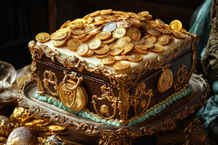 A gold-covered cake with a gold-covered box on top of it. The cake is decorated with gold coins and has a gold handleの素材
