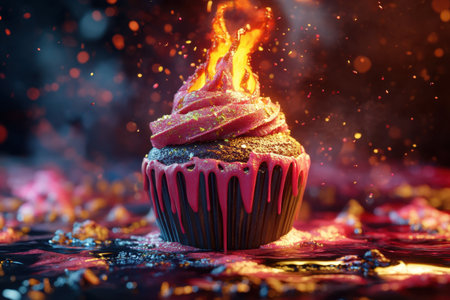 A cupcake with pink frosting and sprinkles on top. The sprinkles are red and goldの素材