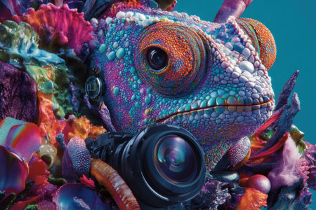 A colorful lizard is wearing a camera and is the main focus of the image. The lizard is surrounded by a variety of colorful flowers and plants, creating a vibrant and lively atmosphereの素材