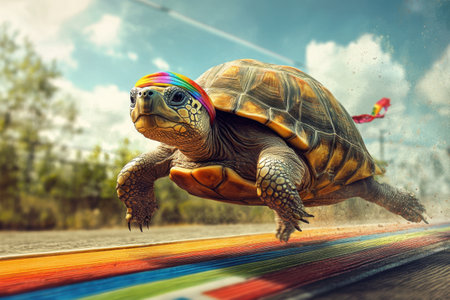 A turtle wearing a colorful bandana is racing down a track. The image is a playful and whimsical take on the idea of a turtle racing, with the colorful bandana adding a fun and lighthearted touchの素材