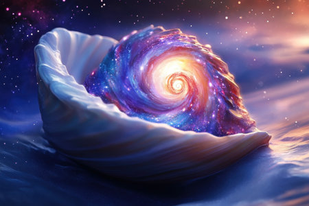 A large spiral galaxy is floating in space, surrounded by stars and nebulae. The galaxy is depicted in a surreal and dreamlike mannerの素材