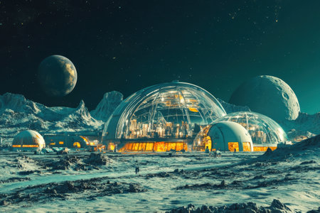 A space station with a dome on top of it. There are several other domes in the backgroundの素材