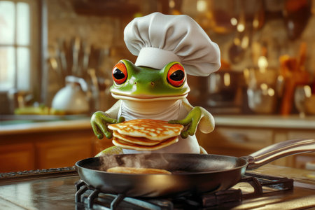 A frog wearing a chef's hat is cooking pancakes on a stove. The image has a playful and whimsical mood, as it is a cartoonish representation of a frog in a kitchenの素材