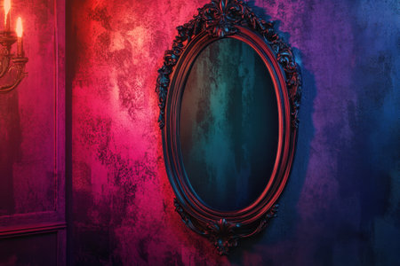 A mirror with a dark frame is hanging on a wall. The wall is painted in a bright pink and purple colorの素材