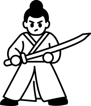 A black and white drawing of a man holding a sword. The man is angry and has a scowl on his faceのイラスト素材