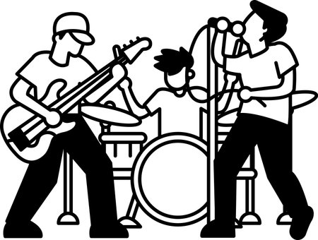 A black and white drawing of three men playing music. The man on the left is holding a guitar, the man in the middle is holding a drum, and the man on the right is holding a microphoneのイラスト素材