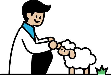 A man in a white lab coat is holding a sheep. The man is smiling and the sheep is looking up at him. Concept of warmth and affection between the man and the sheepのイラスト素材
