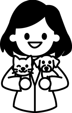A woman is holding two dogs and a cat. She is smiling and she is happy. Concept of warmth and joy, as the woman is surrounded by her petsのイラスト素材