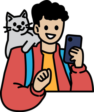 A man is holding a cell phone and smiling while a cat sits on his shoulder. Concept of happiness and companionship between the man and his petのイラスト素材