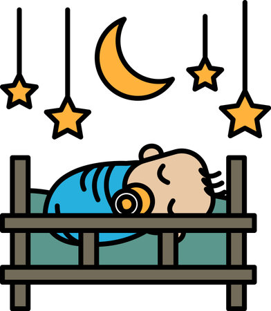 A baby is sleeping in a crib with a moon and stars in the backgroundのイラスト素材