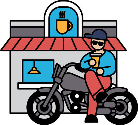 A man is sitting on a motorcycle in front of a coffee shop. He is holding a cup of coffeeのイラスト素材