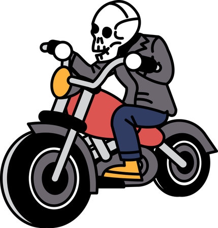 A skeleton is riding a motorcycle. The skeleton is wearing a leather jacket and jeans. The motorcycle is redのイラスト素材