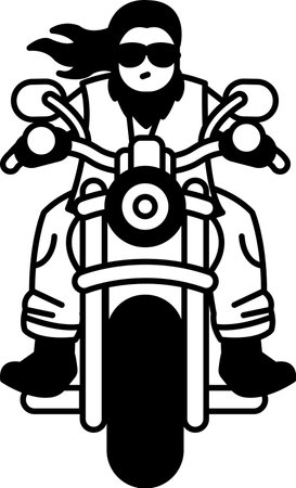 A man is riding a motorcycle with sunglasses on. He is wearing a leather jacket and jeans. The motorcycle is black and whiteのイラスト素材