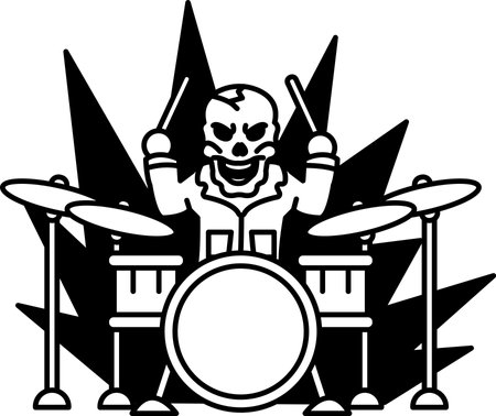 A skull playing drums with a black and white background. The skull is smiling and he is enjoying himself. The drums are positioned in the foreground, with the skull's hands on themのイラスト素材