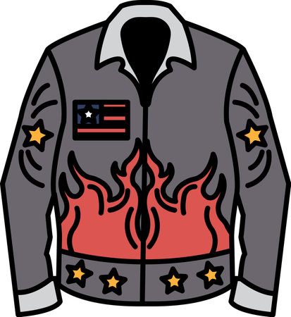 A cartoon drawing of a man's jacket with flames on it. The jacket has a patch with the American flag on itのイラスト素材