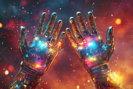 Two metallic hands are shown in a colorful, glowing light. The hands are surrounded by a fiery, starry background, giving the impression of a futuristic, otherworldly sceneの素材
