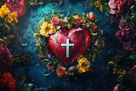 A heart with a cross on it is surrounded by flowers. The heart is red and the cross is silver. The flowers are of various colors and are scattered around the heart. Concept of love and spiritualityの素材