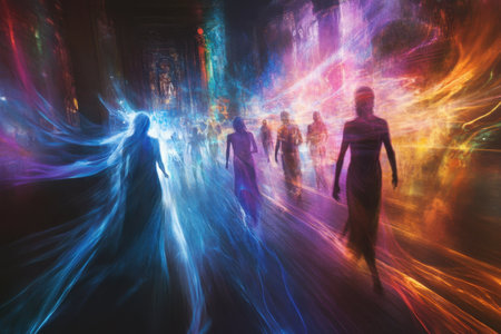 A group of people are walking down a street with a blue and purple background. The people are wearing long dresses and appear to be in a tranceの素材