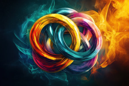 A colorful, abstract design of two circles with a blue and yellow one in the middle. The circles are surrounded by smoke and fire, giving the image a sense of energy and movementの素材