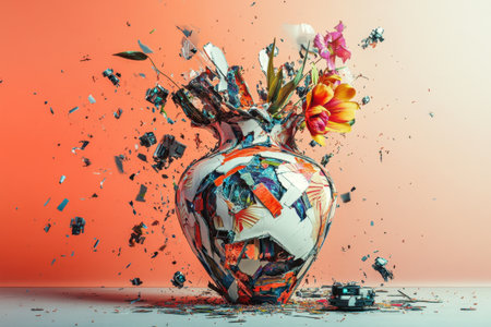 A vase with flowers and broken pieces of glass. The vase is shattered and the flowers are scattered around it. Concept of destruction and chaos, as if the vase has been violently broken apartの素材