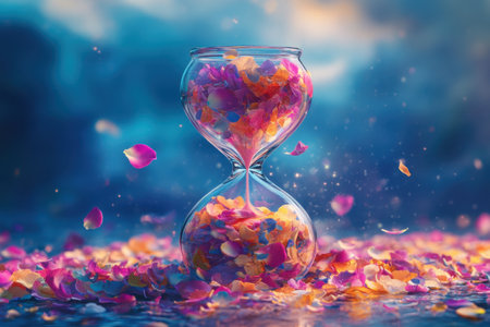 A glass vase filled with colorful petals and leaves, with a timepiece inside. The vase is set on a table with a blue background. Concept of time passing and the fleeting nature of lifeの素材