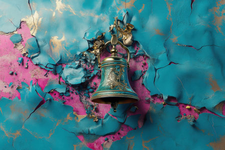 A bell is suspended from a wall with a blue background. The bell is surrounded by a lot of debris, giving the impression of a broken or destroyed environment. Concept of chaos and destructionの素材