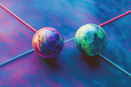 Two balls are tied together by a string. The balls are different colors and are placed on a blue surfaceの素材